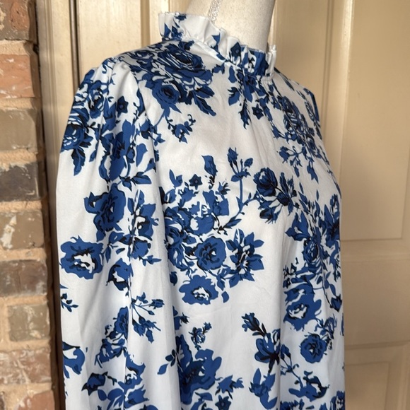 Floral Print Flouncy Sleeve High Ruffle Neckline Pearl Button Keyhole Detail - Picture 3 of 14